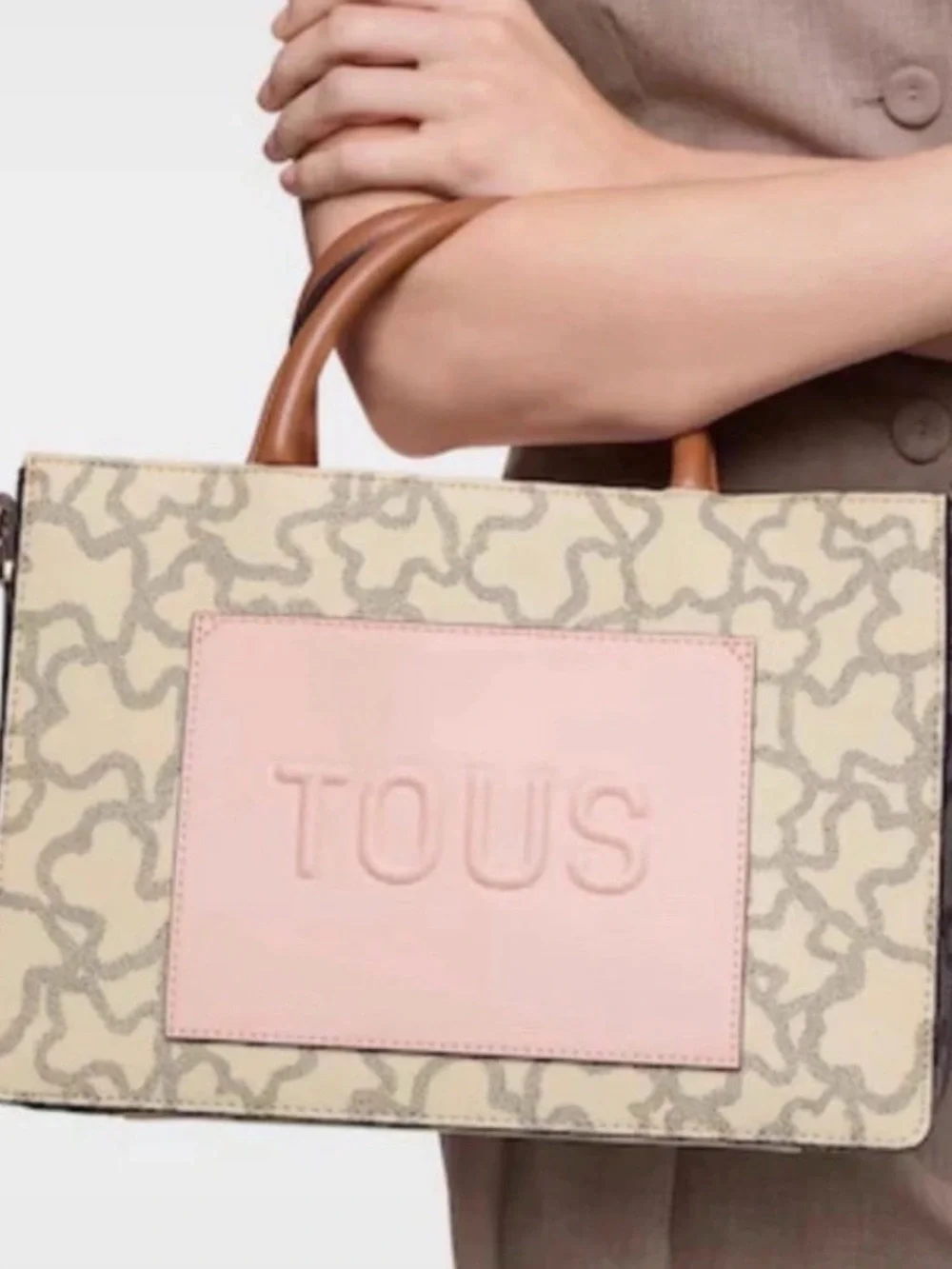 TOUS Pink and Cream Canvas Tote with Brown Leather Handles